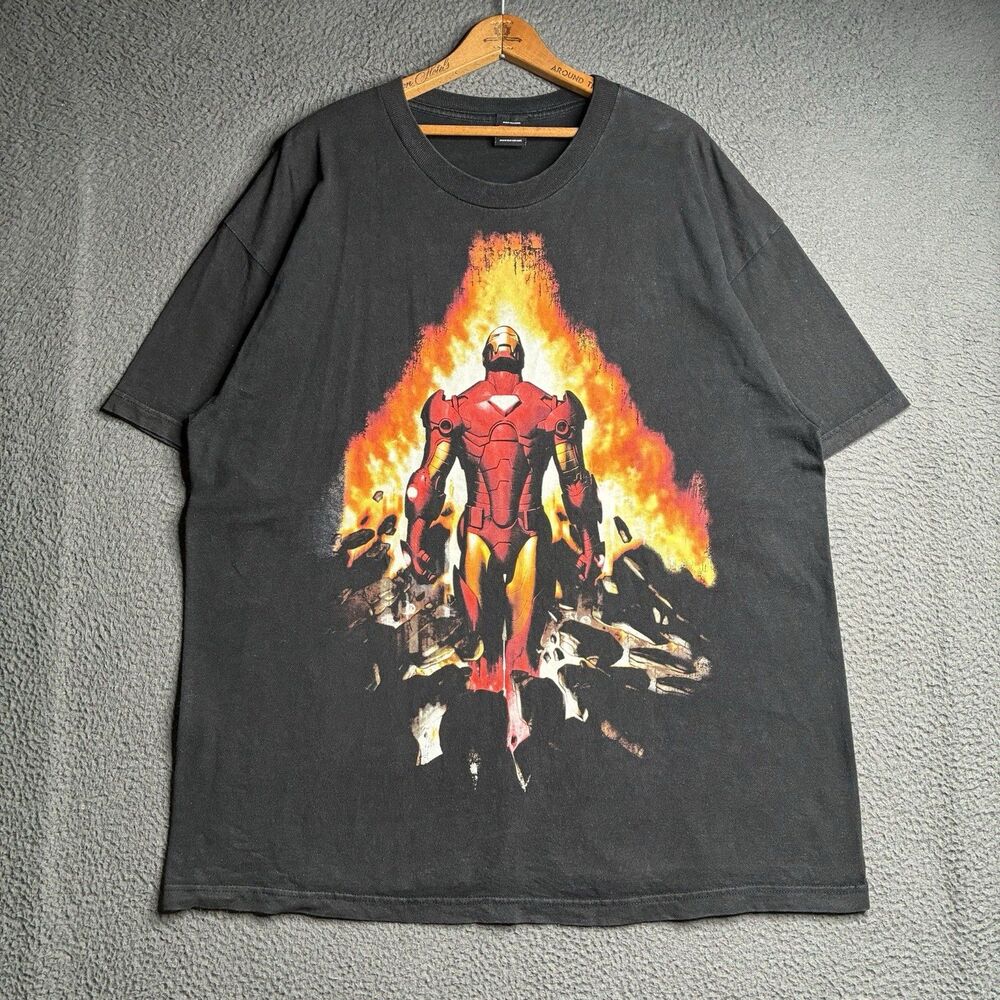 Vintage Iron Man T-Shirt Men's 2XL Marvel Mad Engine Black Faded Stark Fire